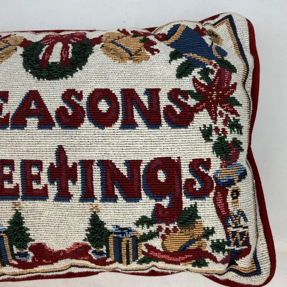 Vintage Seasons Greetings Tapestry Christmas Accent Pillow Woven Holiday Decor